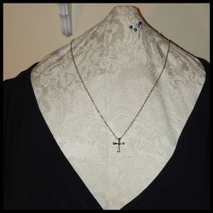 Silver Tone Cross with Purple Stone on Chain